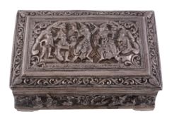 A Burmese silver rectangular cigarette box,   stamped 95/Silver, early 20th century, chased in semi