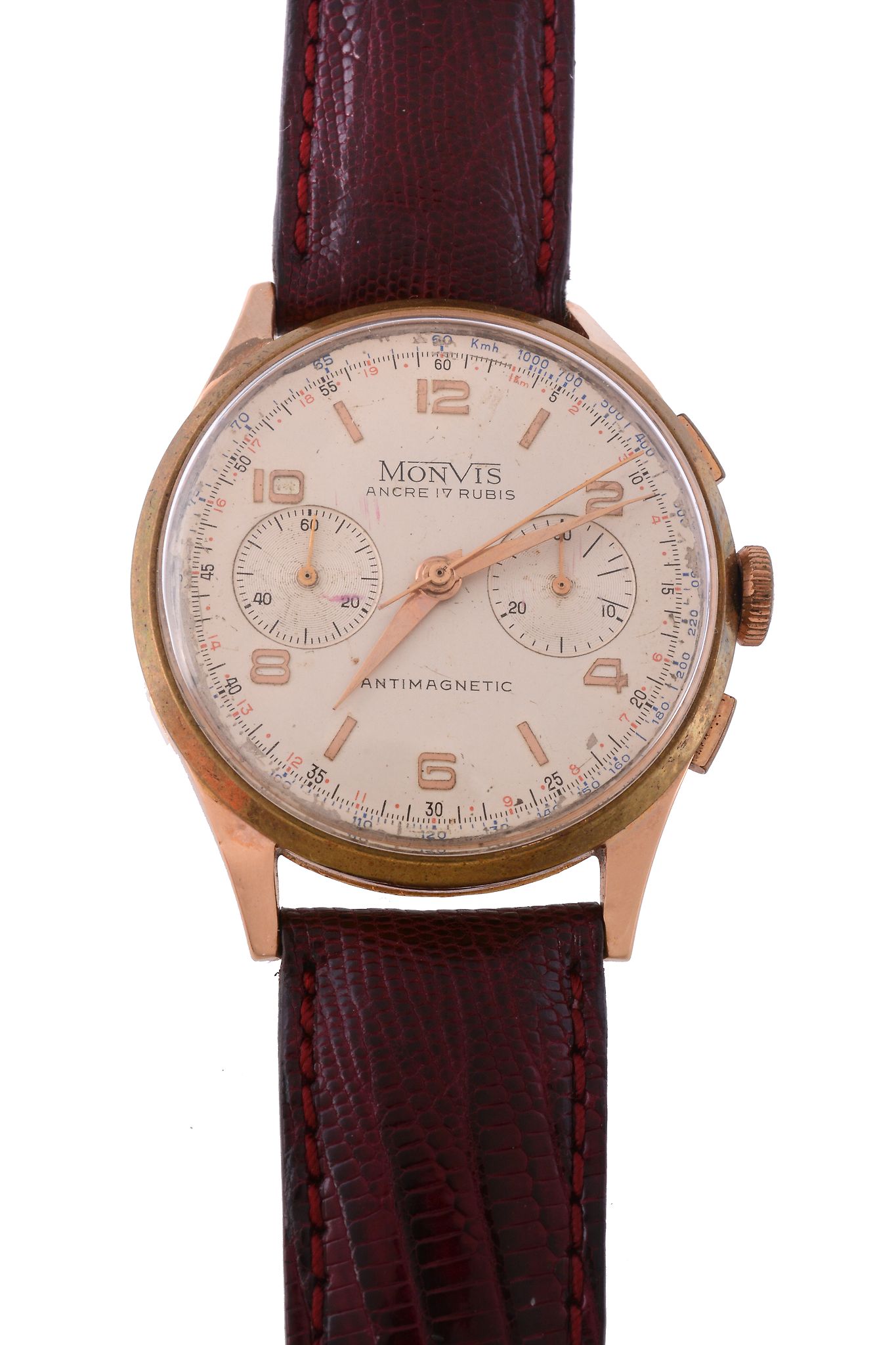 Monvis, an 18 carat gold wristwatch,   circa 1960, Swiss manual wind chronograph movement, 17