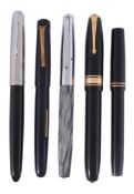 Five fountain pens  , to include a Conway Stewart 100, with black cap and barrel, lever filling