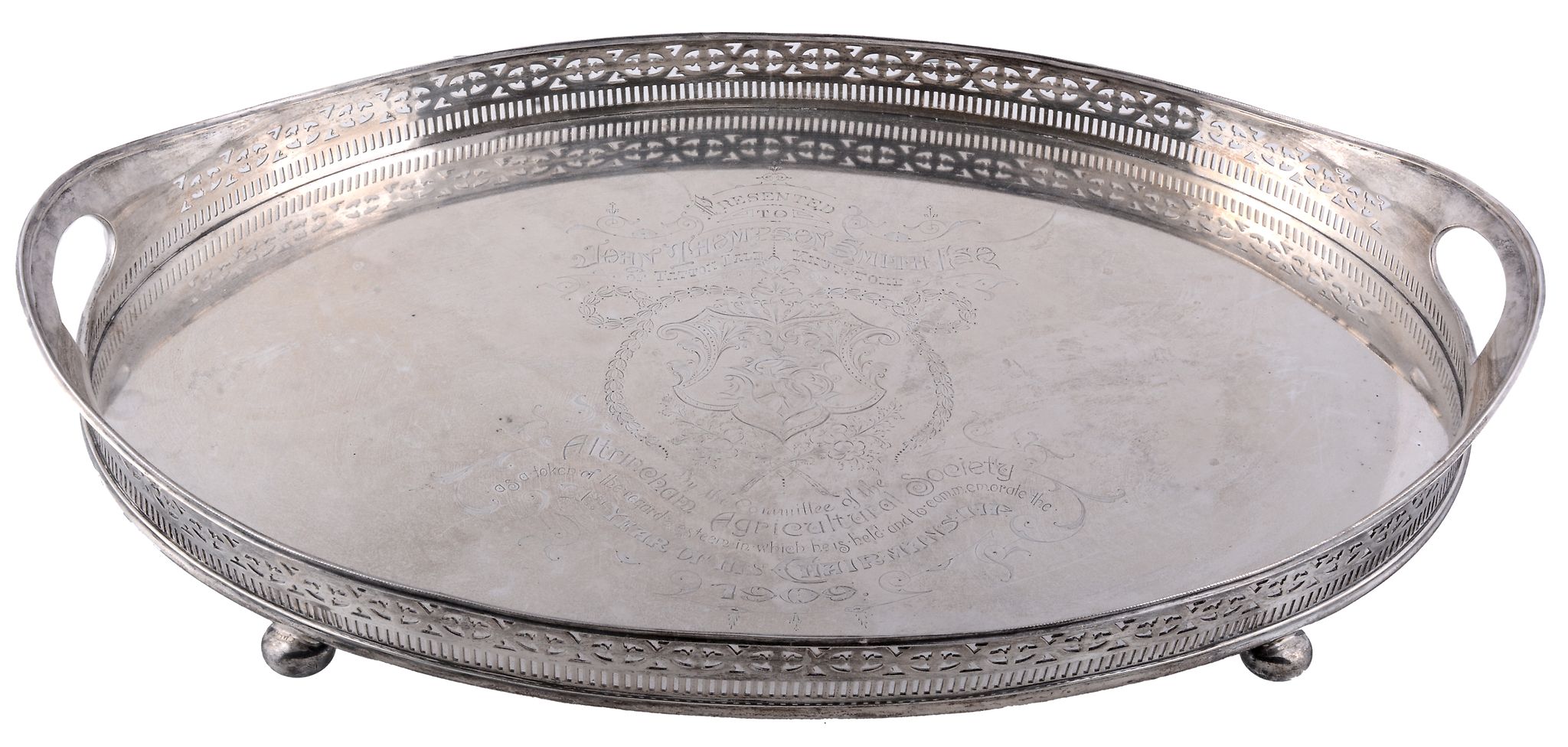 An Edwardian silver oval galleried tray by Barker Brothers   (Herbert Edward Barker  &  Frank