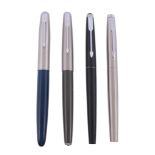 Parker, 41, a blue fountain pen,   with a blue barrel and brushed cap, inked; together with three