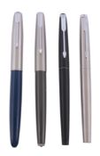 Parker, 41, a blue fountain pen,   with a blue barrel and brushed cap, inked; together with three