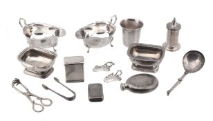 A collection of silver,   including: a pair of George III oblong footed salts, marks worn, London