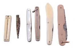 A collection of five pen knives,   to include: a silver pen knife by Sampson Mordan  &  Co. Ltd.,