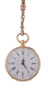 A gold and enamel fob watch,   no. 3749, gold mark for Belgium 1831-1868, cylinder movement, three