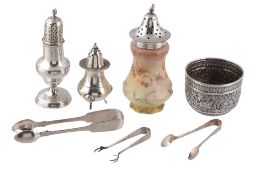 A collection of silver items,   to include: a George III silver baluster sugar caster, London 1792,