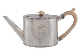 A George III silver oval teapot by William Vincent,   London 1781, with an ivory final to the flat