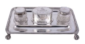 A silver rectangular inkstand by John Grinsell  &  Sons,   Birmingham 1919, with an oval nib box