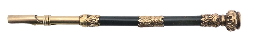 A Victorian gold and bloodstone dip pen,   unmarked, with foliate chased mounts, the end with a