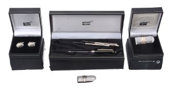 Montblanc, Meisterstuck, a black ballpoint pen,   with a gilt clip and bands, in a Montblanc box