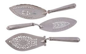 Three silver mounted fish slices with knife type handles and pierced blades,   comprising: one by