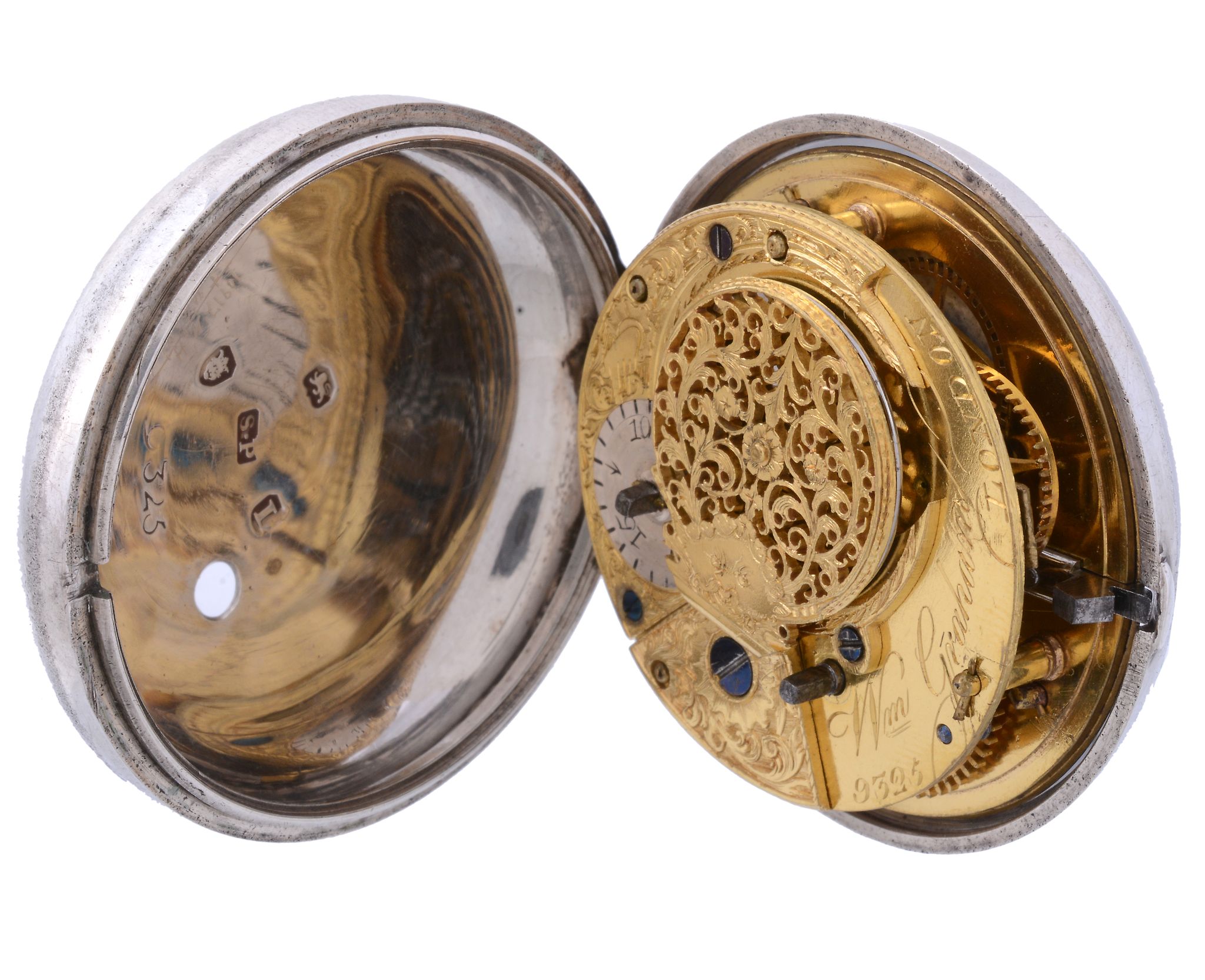 A silver pair cased pocket watch,   no. 9325, hallmarked London 1806, verge fusee movement, three - Image 3 of 3