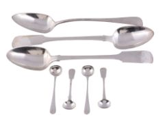 Seven English provincial silver spoons,   comprising: a George IV fiddle pattern gravy spoon by