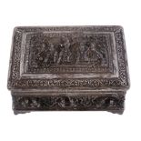 A Burmese silver rectangular table box,   stamped 95/Silver, early 20th century, chased in semi