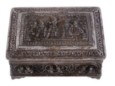 A Burmese silver rectangular table box,   stamped 95/Silver, early 20th century, chased in semi