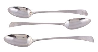 Three George III silver old English pattern gravy spoons,   by William Sumner  &  Richard Crossley,