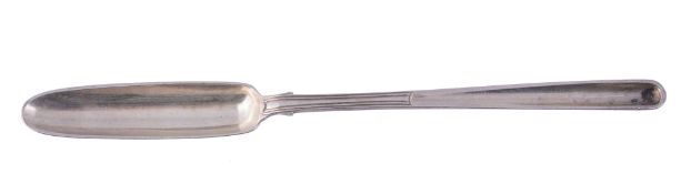 A George III silver marrow scoop by William Eley I,   London 1801, engraved with a crest, 21.8cm (8