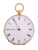 A gold open face fob watch,   no. 4181, cylinder movement, white enamel dial, Roman numerals, blued