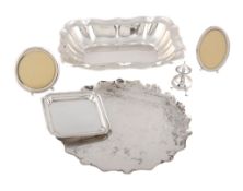 Six silver or silver coloured items,   comprising: an American shaped rectangular serving bowl by