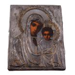 A Russian icon of the Kazan Mother of God with a silver parcel gilt oklad,   maker's mark   SG   (