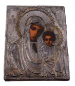 A Russian icon of the Kazan Mother of God with a silver parcel gilt oklad,   maker's mark   SG   (