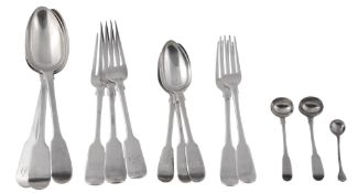 A collection of silver fiddle pattern flatware,   mainly George III or Victorian makers and dates,