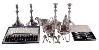 A collection of silver and plated items,   including: a George III vase shape caster, London 1789,
