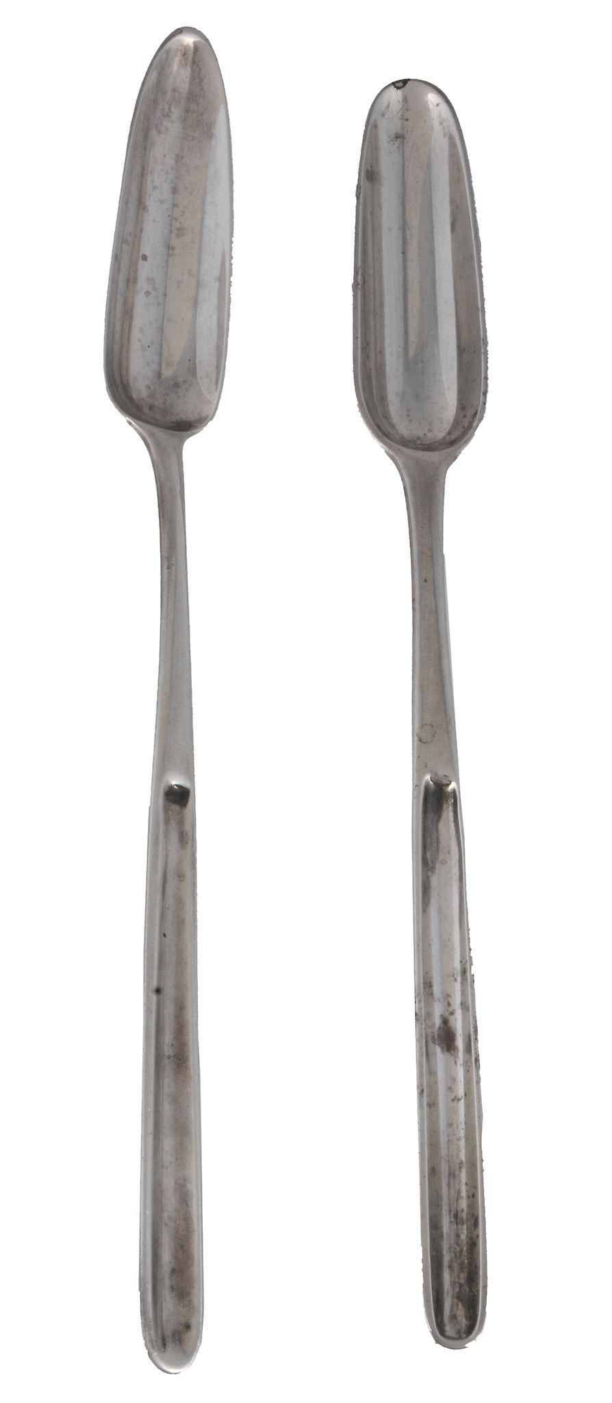 Two George II/III silver marrow scoops,   the first maker's mark partial, London 1753, engraved