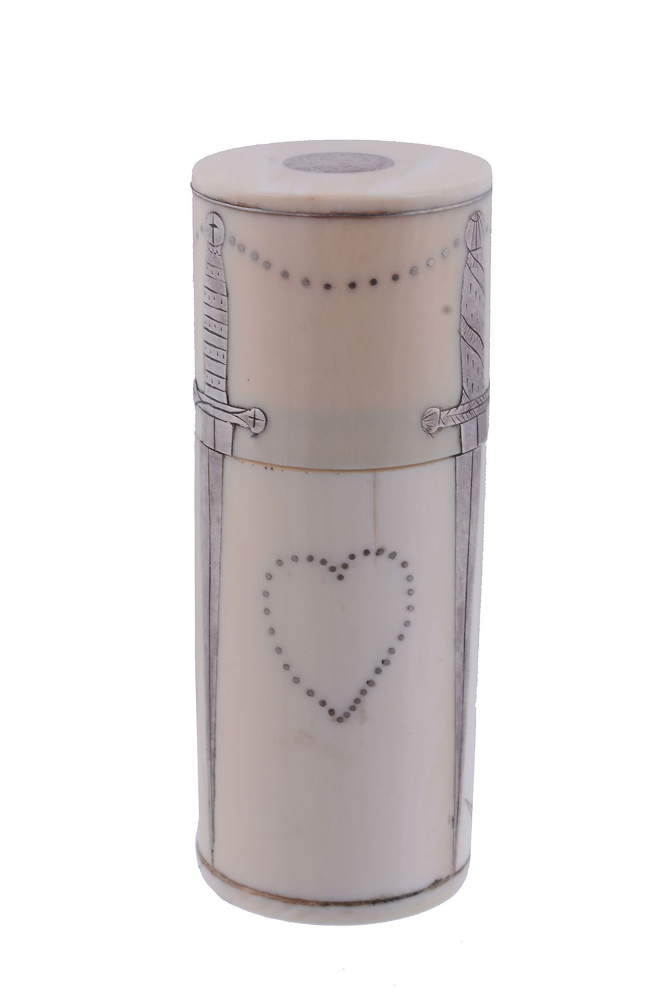 An ivory cylindrical box with inner scent bottle,   early 19th century, with pique work dagger and