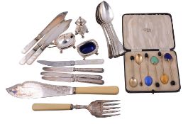A collection of cased and loose silver and silver plated flatware,   including: three cased sets of