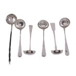 Five Scottish silver toddy ladles,   comprising: a set of four George III old English pattern by