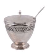 An American silver coloured sugar bowl, cover and spoon by Tiffany  &  Co.,   1907-47 stamped