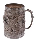 A Burmese silver mug,   stamped 95/Silver, early 20th century, chased in semi relief with figures