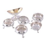 Six various silver salt cellars,   comprising: a George II pair of cauldron shape by David Hennell