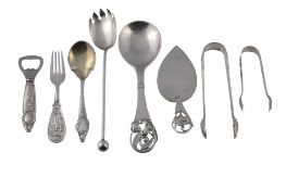 A collection of silver and silver coloured flatware,   including: a Victorian King's pattern sugar