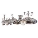 A collection of electro-plate, to include: salvers, mugs, candlesticks, condiment items and other