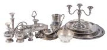 A collection of electro-plate, to include: salvers, mugs, candlesticks, condiment items and other