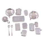 A collection of silver items,   to include: a Victorian rectangular vesta case by George Heath,