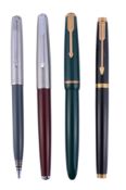 Parker, Duofold, a green fountain pen,   with an engraved cap band, the nib stamped 14K, inked;