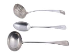 A late Victorian silver old English pattern soup ladle and gravy spoon by Josiah Williams  &  Co.