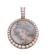 A pearl and portrait miniature pendant,   circa 1900,  the circular miniature of a portrait of a