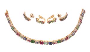 A multi gem bracelet and two pairs of earrings,   the bracelet with alternating diamond and gem set