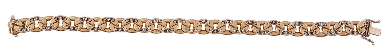 A diamond curb link bracelet,   composed of polished curb links set with eight cut diamonds, to a