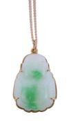 A jadeite Buddha pendant,   the jade plaque carved to depict a Buddha, in a gold surround,