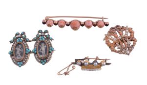 A small collection of antique brooches,   to include: a turquoise and half pearl brooch, circa