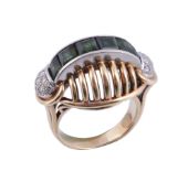 A 1950s tourmaline and diamond dress ring  , the open basket shaped panel centrally channel set