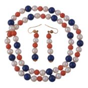 A single row freshwater cultured pearl, coral and lapis lazuli necklace,   composed of alternating
