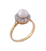 A pearl and diamond ring,   the 7mm pearl within a surround of old cut and eight cut diamonds,