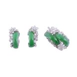 A pair of jadeite earrings,   each with a half hooped jadeite panel  with brilliant and baguette