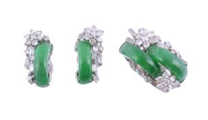 A pair of jadeite earrings,   each with a half hooped jadeite panel  with brilliant and baguette